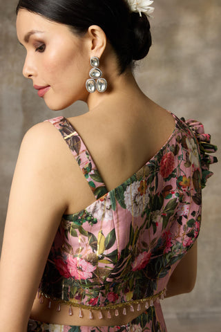 Pink one shouder printed skirt and top