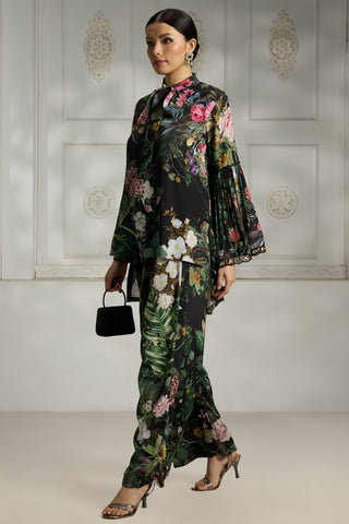 Black botanical printed tunic set