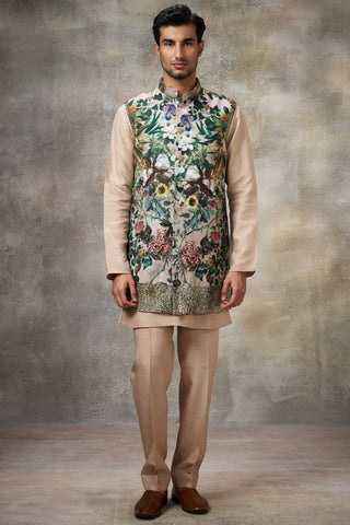 Beige printed koti with kurta set