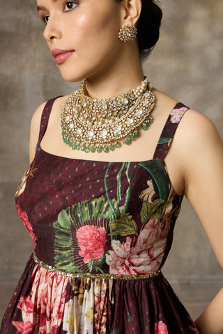 Maroon printed peplum top and skirt set