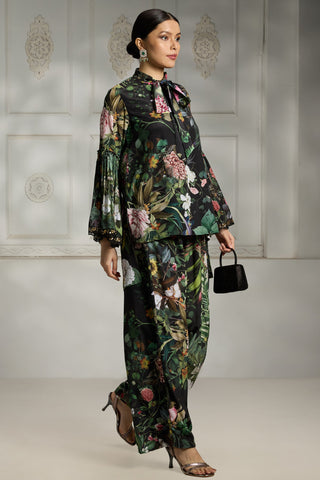 Black botanical printed tunic set
