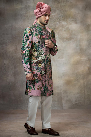 Pink printed sherwani set