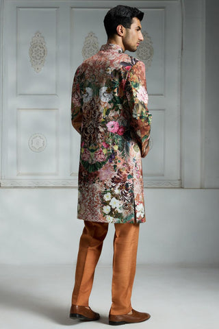 Orange printed sherwani set