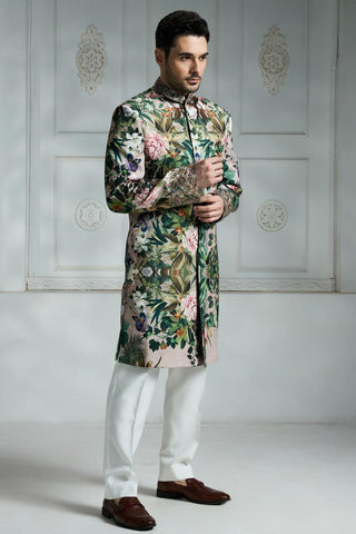 Beige printed sherwani set