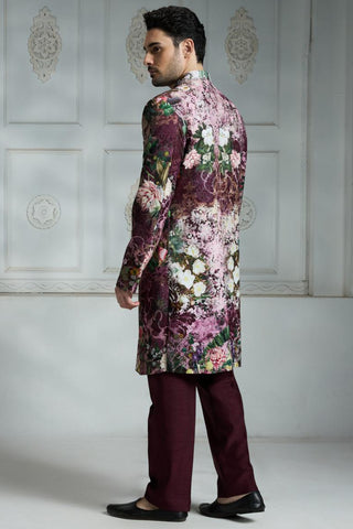 Maroon printed sherwani set