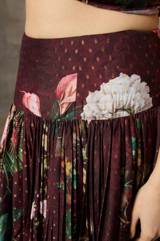 Maroon printed peplum top and skirt set