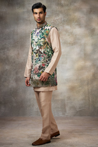 Beige printed koti with kurta set
