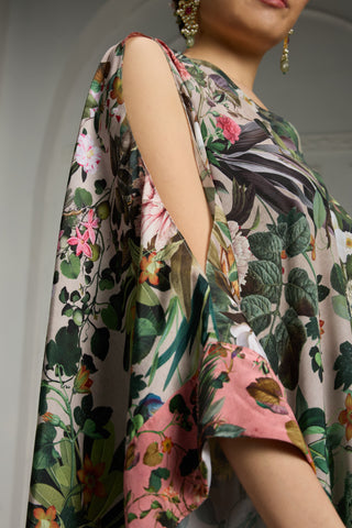 Beige botanical printed tunic set