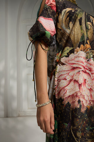 Black botanical printed cape set