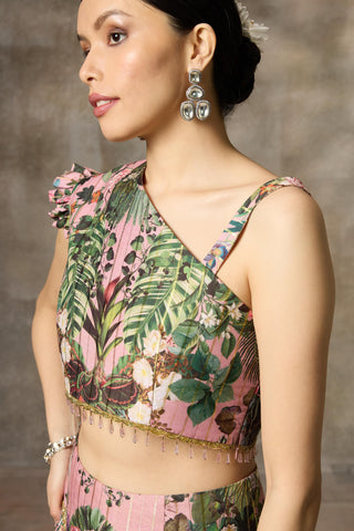 Pink one shouder printed skirt and top