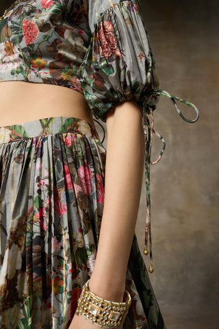Blue botanical print skirt and top set