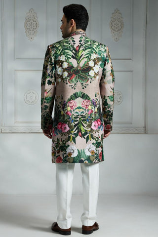 Beige printed sherwani set