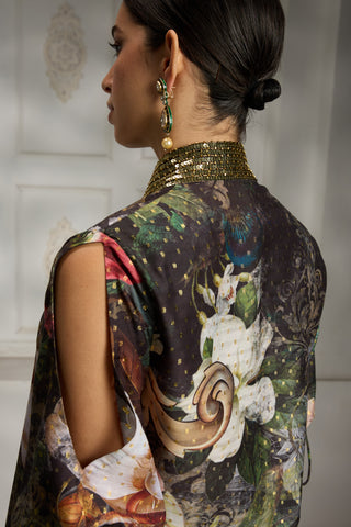 Black botanical printed cape set