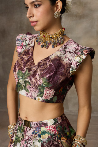 Maroon botanical print skirt and top set
