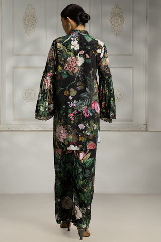 Black botanical printed tunic set