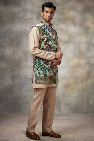 Beige printed koti with kurta set