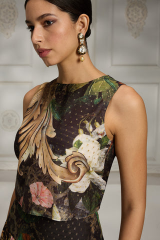 Black botanical printed cape set
