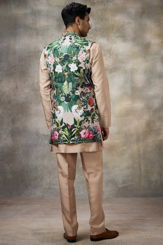 Beige printed koti with kurta set