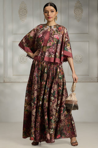 Maroon botnical printed cape set