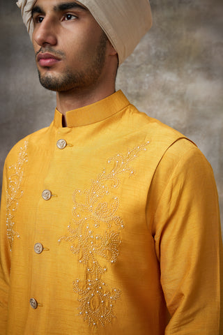 Yellow embroidered koti with kurta set