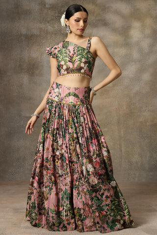 Pink one shouder printed skirt and top