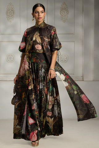Black botanical printed cape set