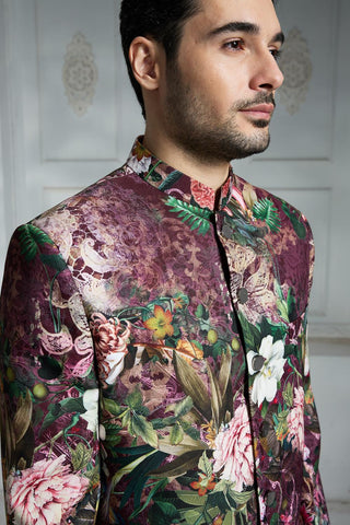 Maroon printed sherwani set