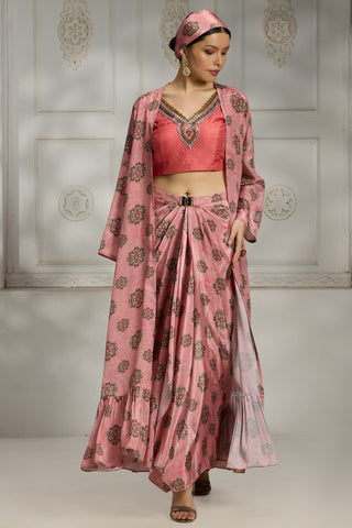 Pink embroidered printed cape set