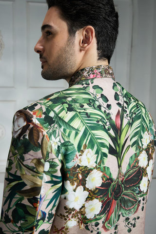 Beige printed sherwani set