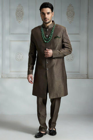 Olive green solid sherwani set