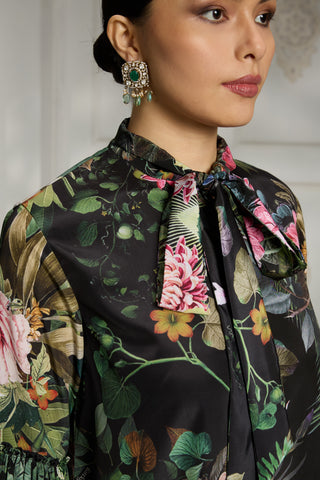 Black botanical printed tunic set