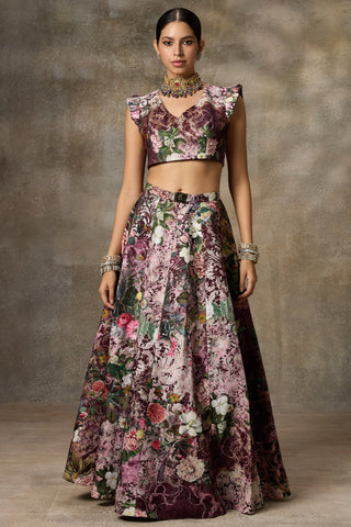 Maroon botanical print skirt and top set