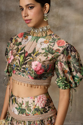 Beige floral print skirt and top set