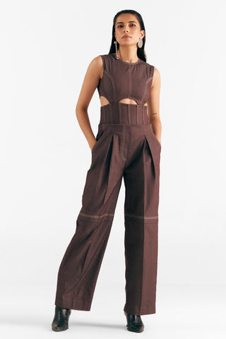 Cut Out Jumpsuit Edgy Denim - Brown Cut Out Jumpsuit by Essé