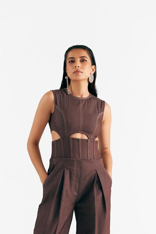 Cut Out Jumpsuit Edgy Denim - Brown Cut Out Jumpsuit by Essé
