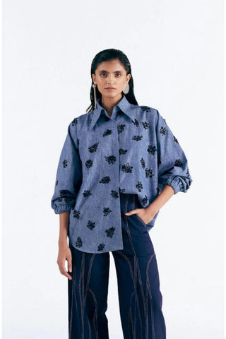Embellished Shirt Glamour Wear - Blue Denim Shirt by Essé