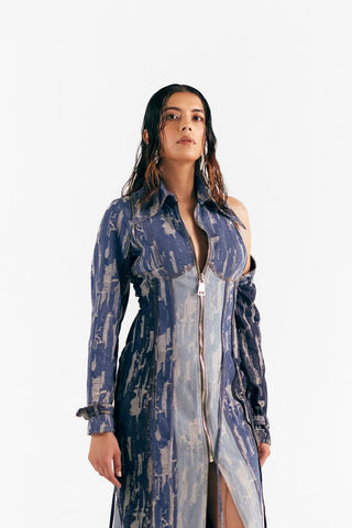 Denim Slit Dress - Blue Panelled Denim Slit Dress - Essé