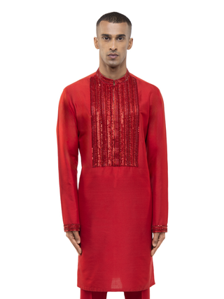 Red geometric embellished kurta set