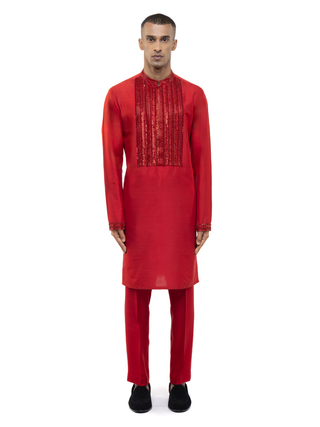 Red geometric embellished kurta set