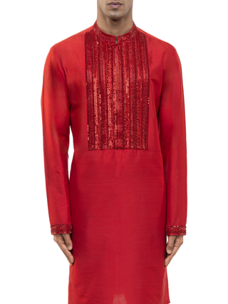Red geometric embellished kurta set