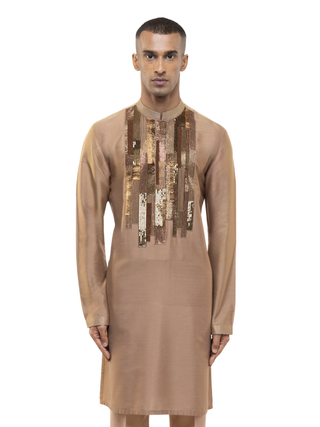Brown asymmetrical geometric lines kurta set