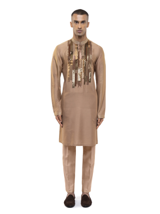 Brown asymmetrical geometric lines kurta set