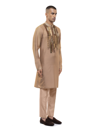 Brown asymmetrical geometric lines kurta set