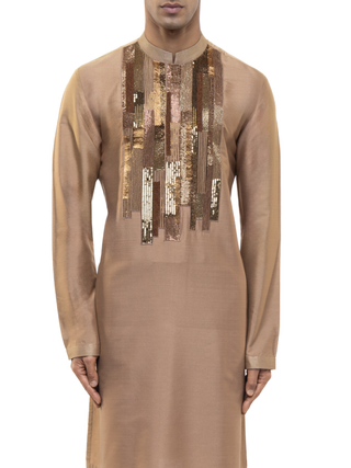 Brown asymmetrical geometric lines kurta set