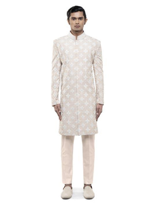 Beige & white dori embroidery sherwani set