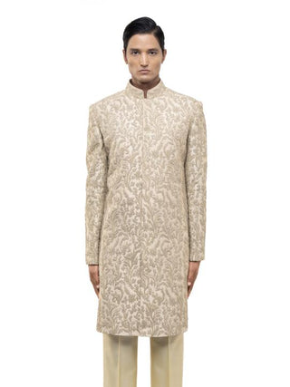 Beige floral hand embroidery sherwani set