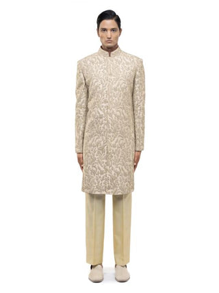 Beige floral hand embroidery sherwani set
