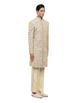 Beige floral hand embroidery sherwani set