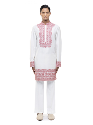White & pink dori embroidery kurta set
