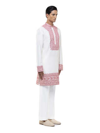 White & pink dori embroidery kurta set